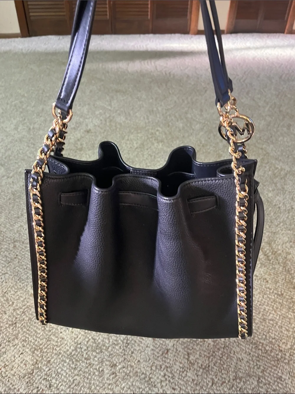 Michael Kors Black Pebbled Leather Bucket Shoulder Bag with Gold Chain Trim